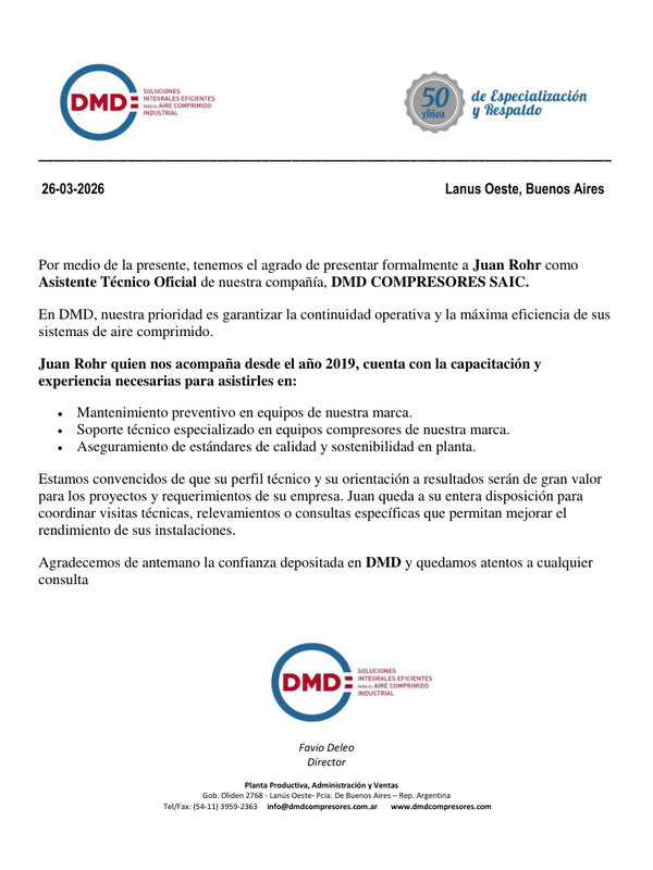 Carta de presentación DMD — asistente técnico oficial